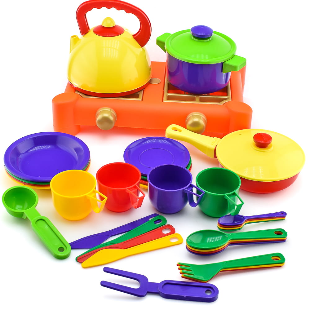 Детский игрушечный набор. Набор посуды Юника 0637 32 предмета. Набор посуды Юника 1047 34 предмета. Детская посуда игрушечная. Посуда детская игрушечная с плитой.