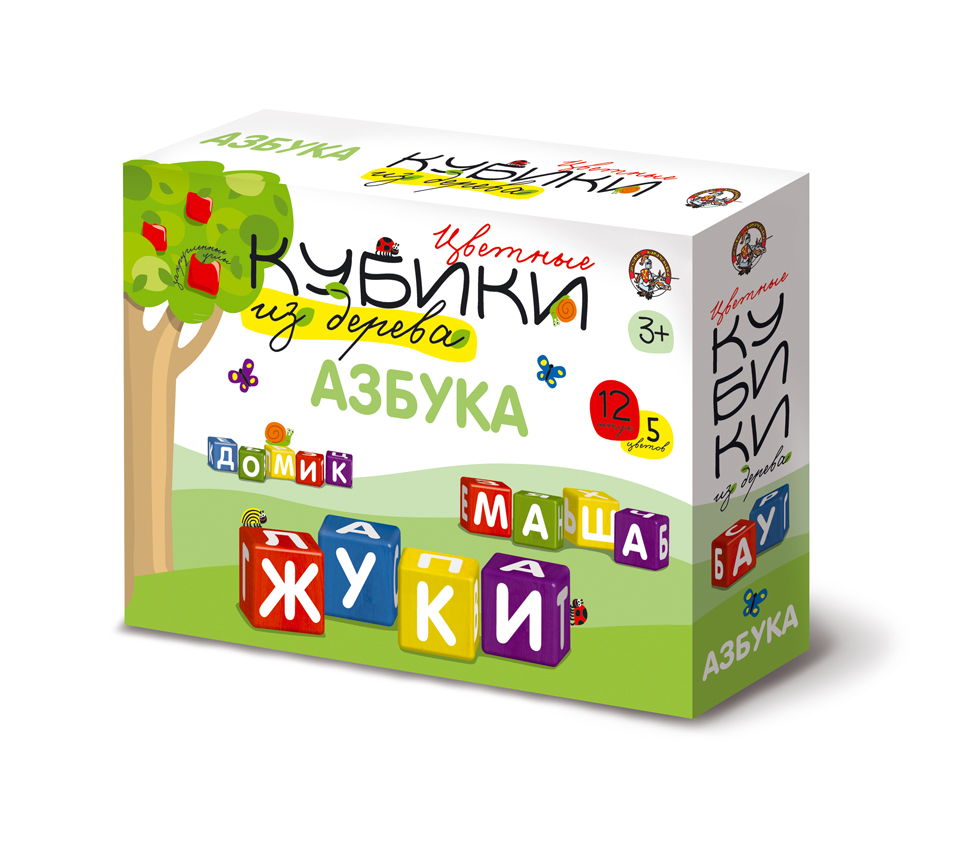 Кубики деревянные Азбука 12шт. (белые буквы на разноцв. кубиках)