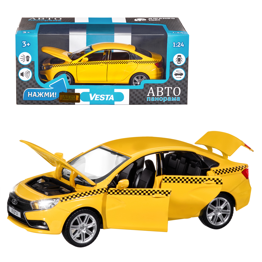 Машина метал. Автопанорама Lada Vesta Такси, 1:24, желтый открыв. 4 двери, капот, багаж, свет. звук