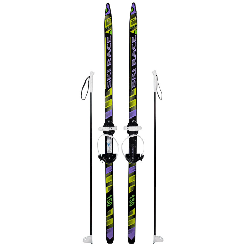 Лыжи подростковые Ski Race с палками стеклопластик, унив.крепление, (150/110)