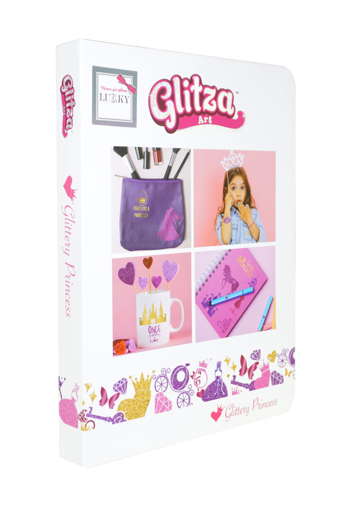 Glitza Art Lukky набор Deluxe Блестящая принцесса клейк.диз.на 4 листах,3 бан.с блёст по 1 г,цв фол