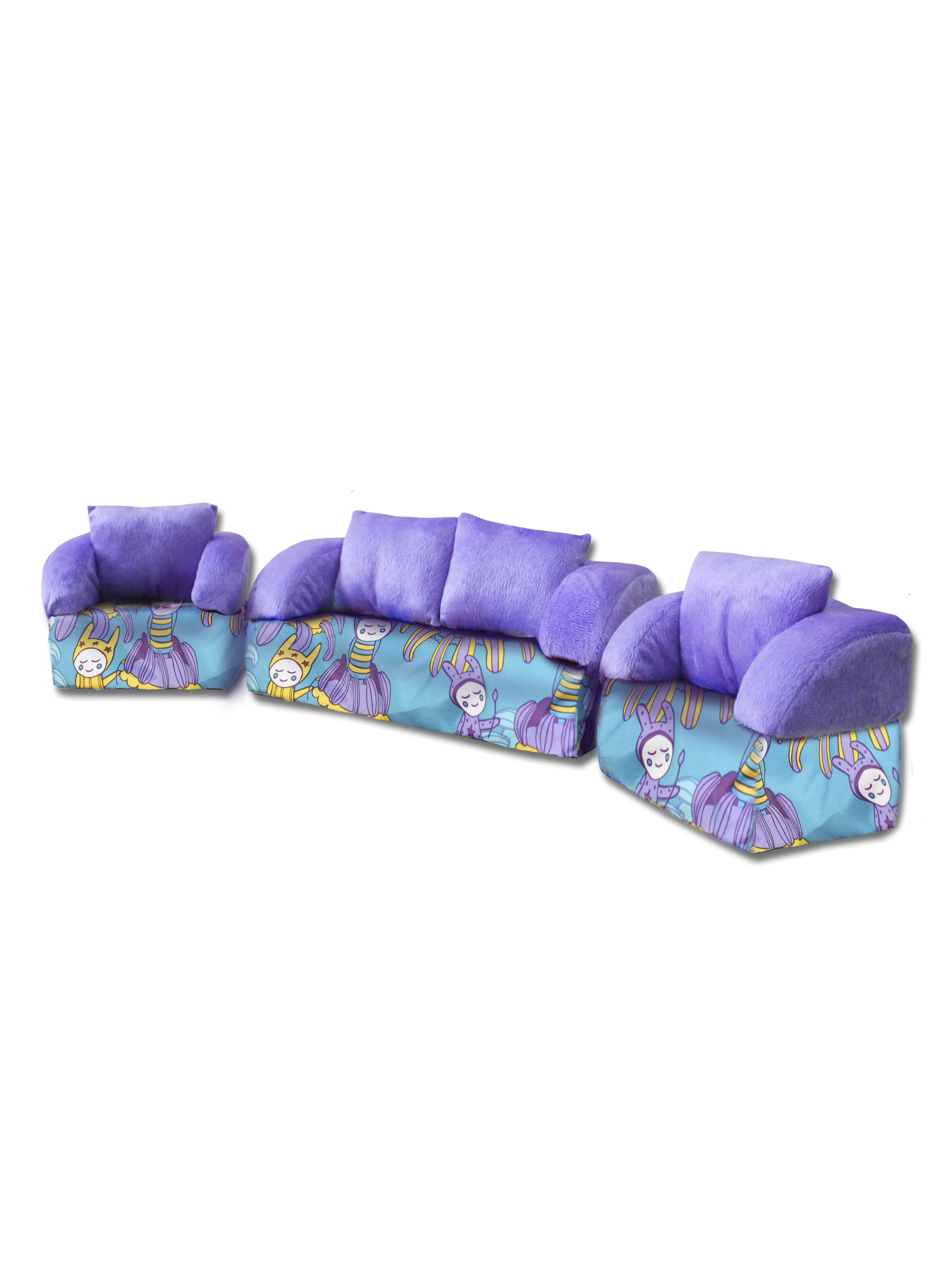 Мебель для кукол София диван, 2 кресла Крохи с сиреневым плюшем