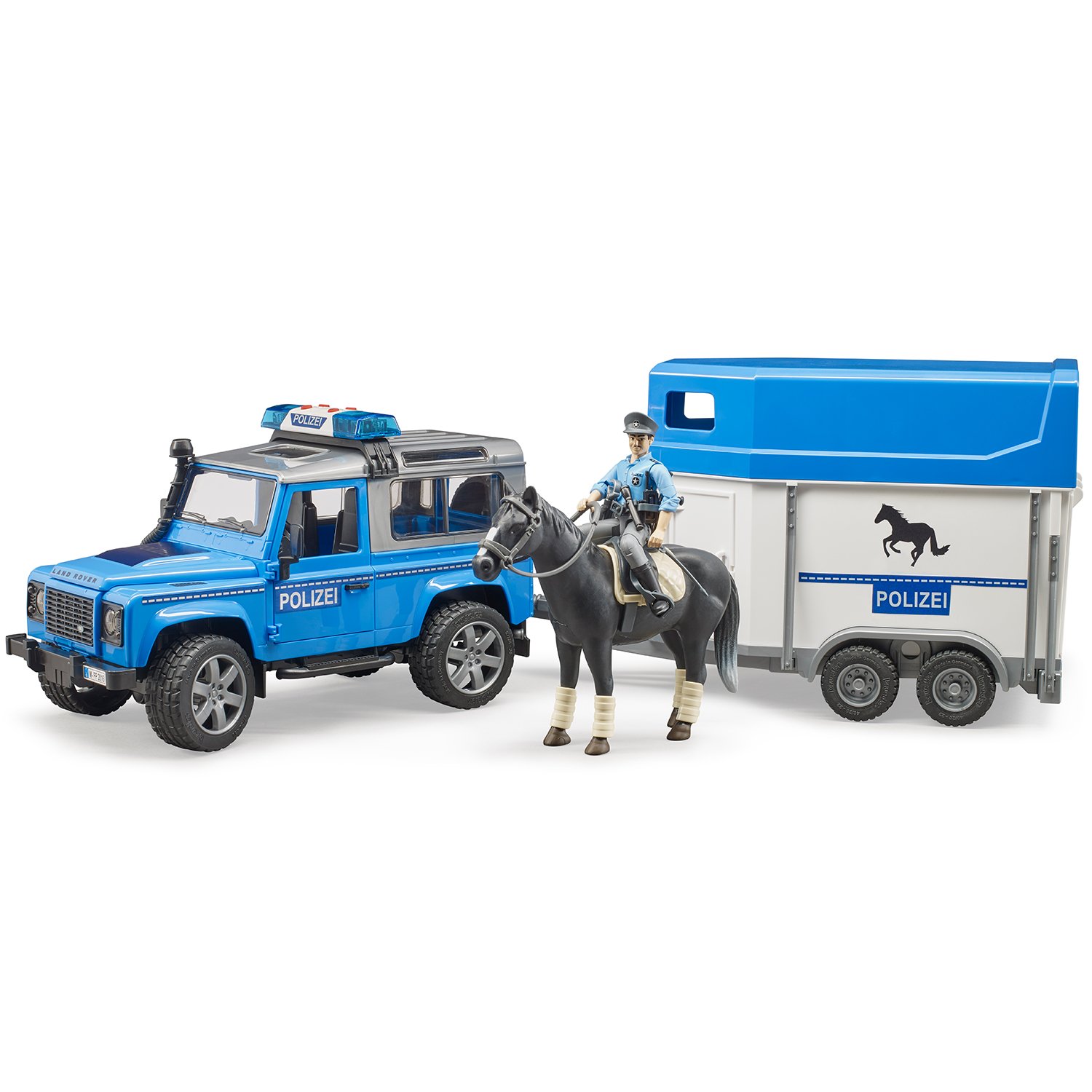 Внедорожник Land Rover Defender полицейский с прицепом, фигуркой и лошадью