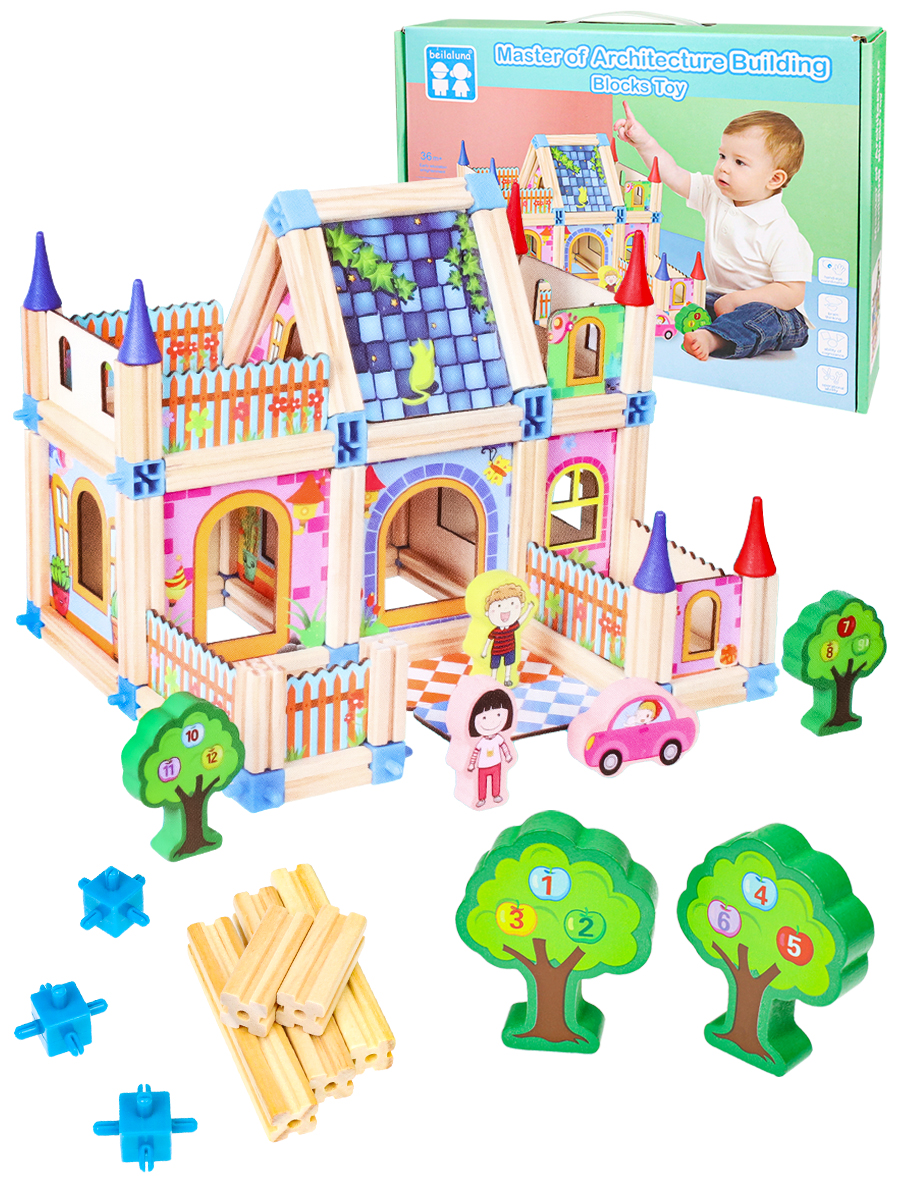 Деревянная игрушка Конструктор Дом (цветные строительные блоки)(30,5х22,5х6 см) в кор.