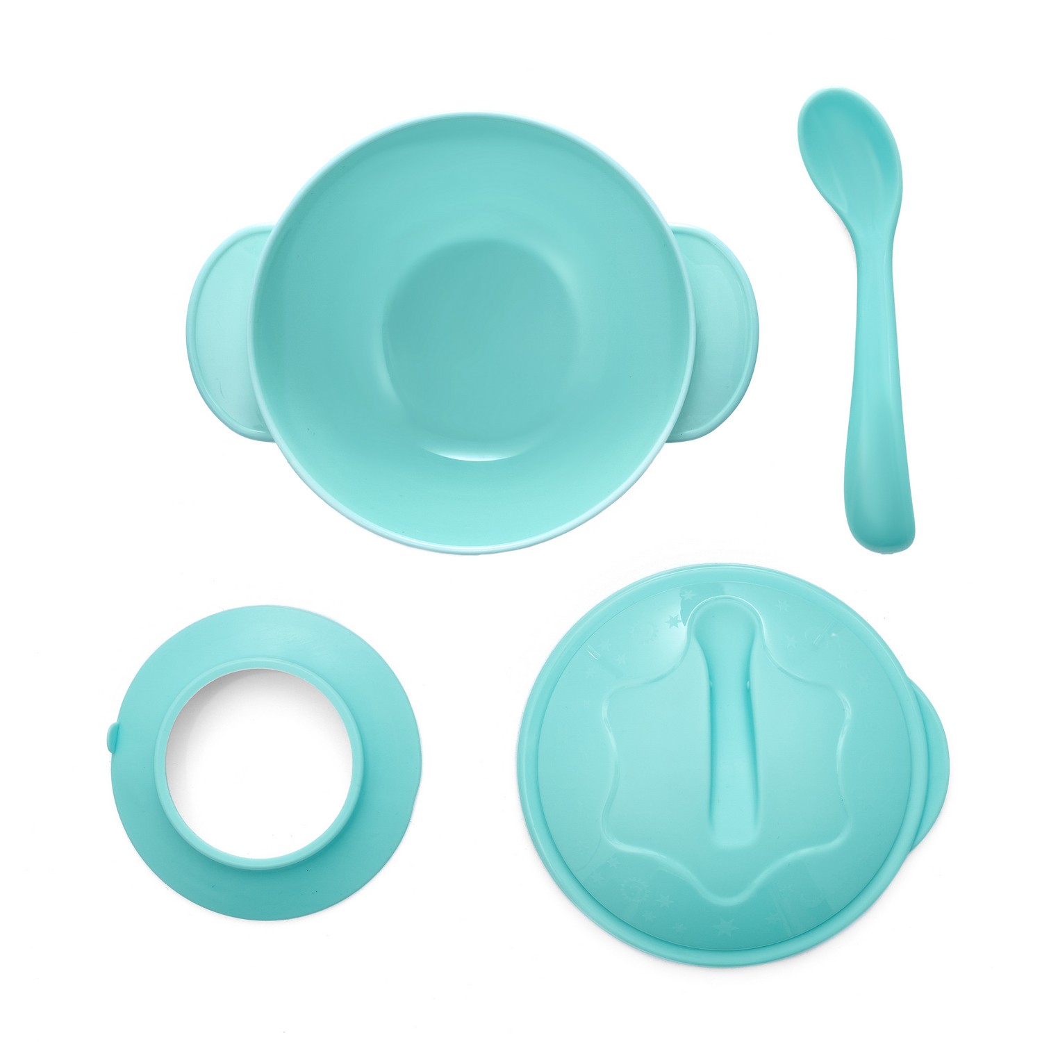 Набор для кормления: тарелка на присоске, крышка и ложка, цвет голубой