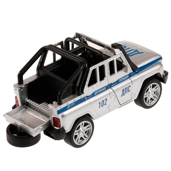 Машина метал. Технопарк UAZ Hunter полиция 11,5 см, двери, багаж, серебристый 329199