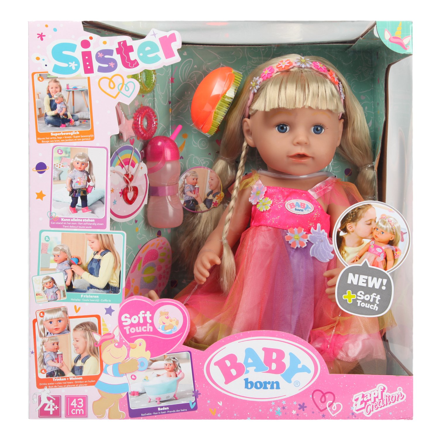 Кукла Сестричка BABY born Soft Touch в платье единорога, 43 см