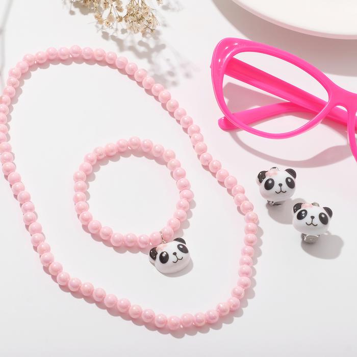 Набор детский Выбражулька 4 предмета: клипсы, очки, браслет, бусы, панда цвет розовый
