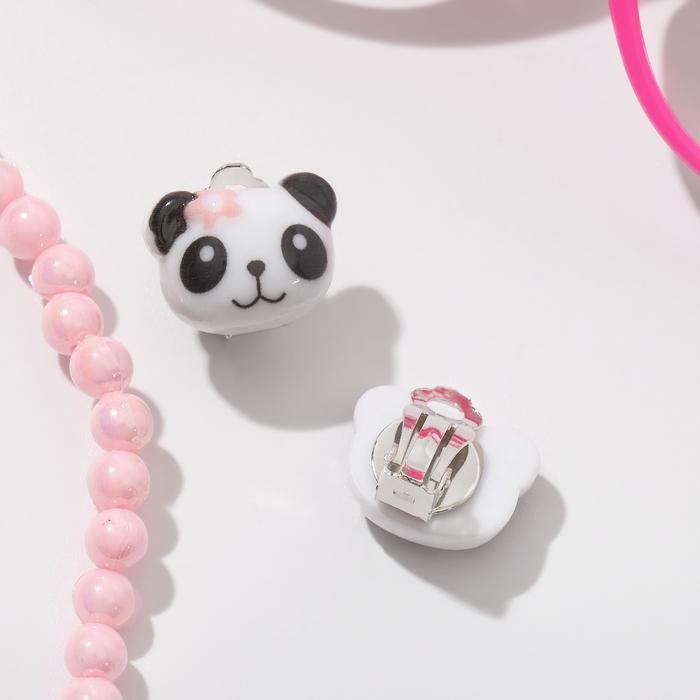 Набор детский Выбражулька 4 предмета: клипсы, очки, браслет, бусы, панда цвет розовый