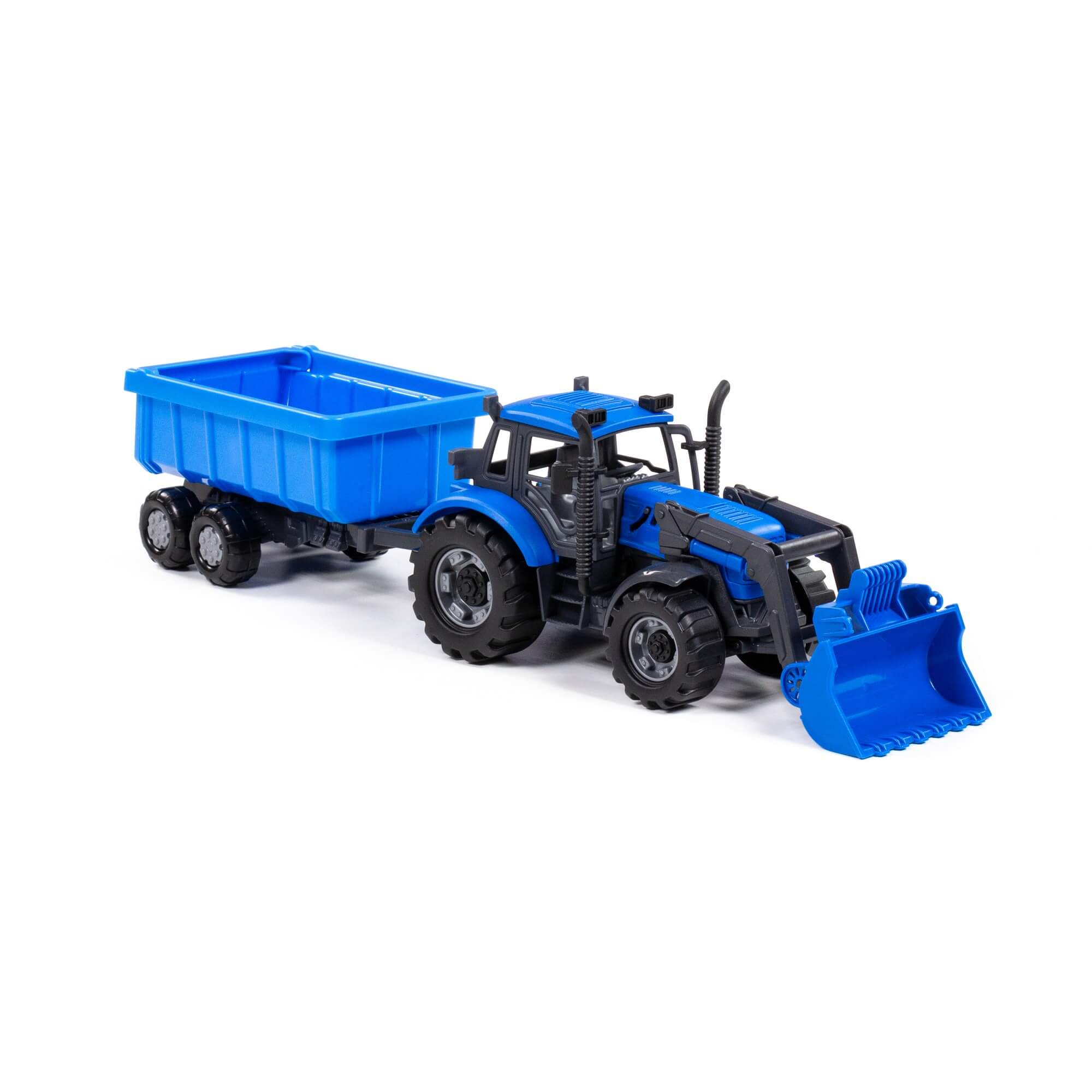 Трактор Прогресс с прицепом и ковшом инерционный (синий) (в коробке)