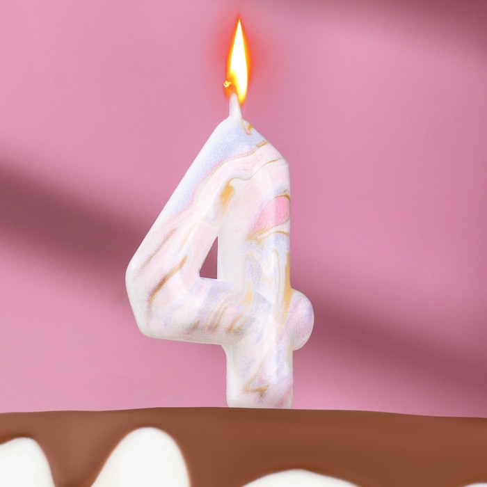 Свеча в торт Белый мрамор цифра "4", 8 см