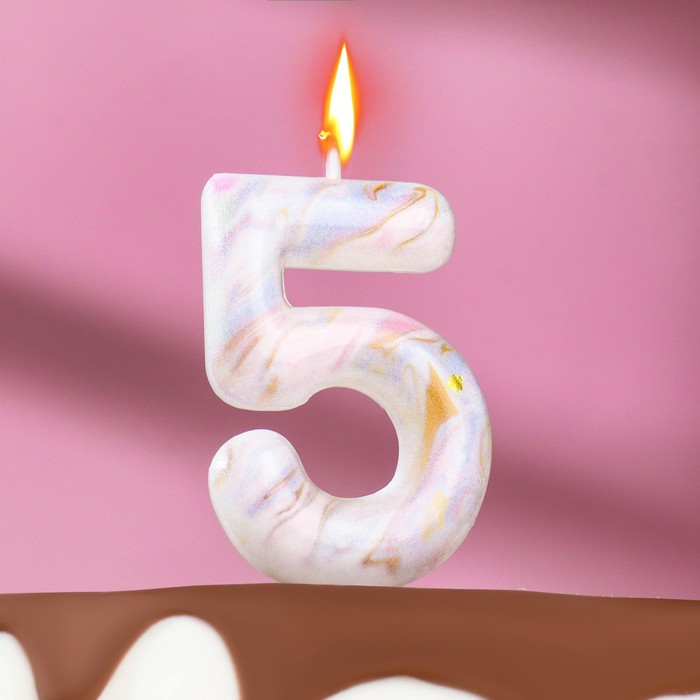 Свеча в торт Белый мрамор цифра "5", 8 см