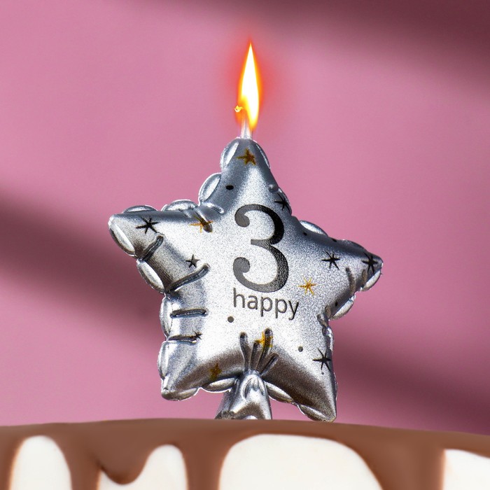 Свеча в торт на шпажке Воздушный шарик Звезда цифра 3, 11х5 см серебряная