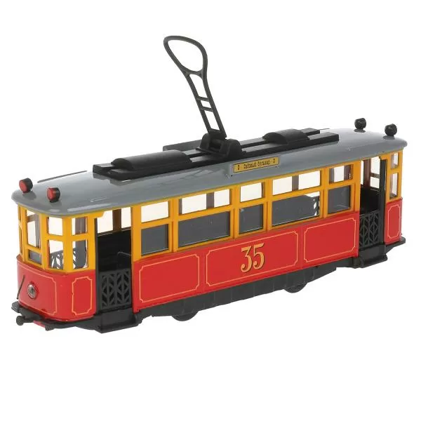 Трамвай Ретро метал. Технопарк 17 см,  двери, инерц, красный, свет-звук 306653