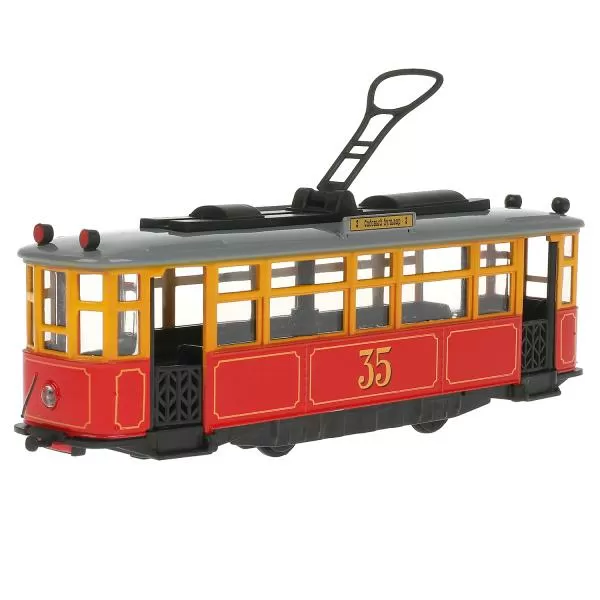 Трамвай Ретро метал. Технопарк 17 см,  двери, инерц, красный, свет-звук 306653