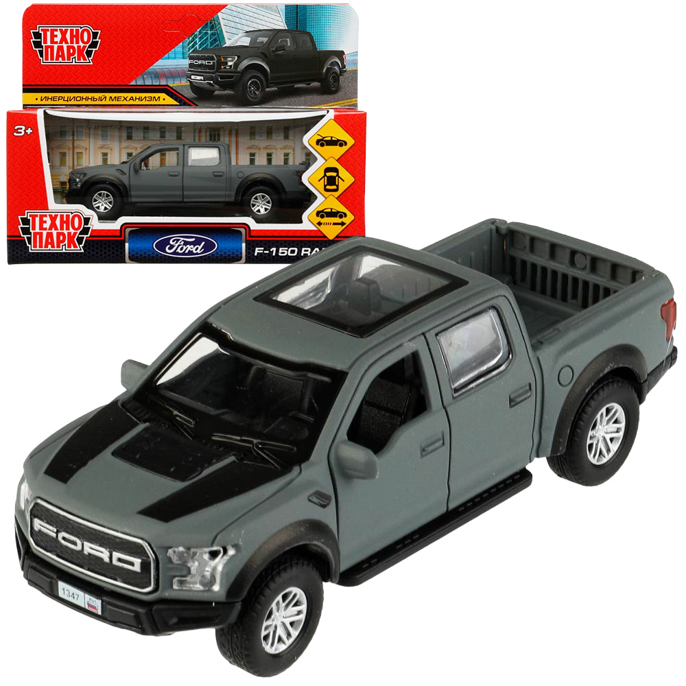 Машина метал. Технопарк FORD F150 RAPTOR 12 см, двери, багаж, инерц, серый  336376