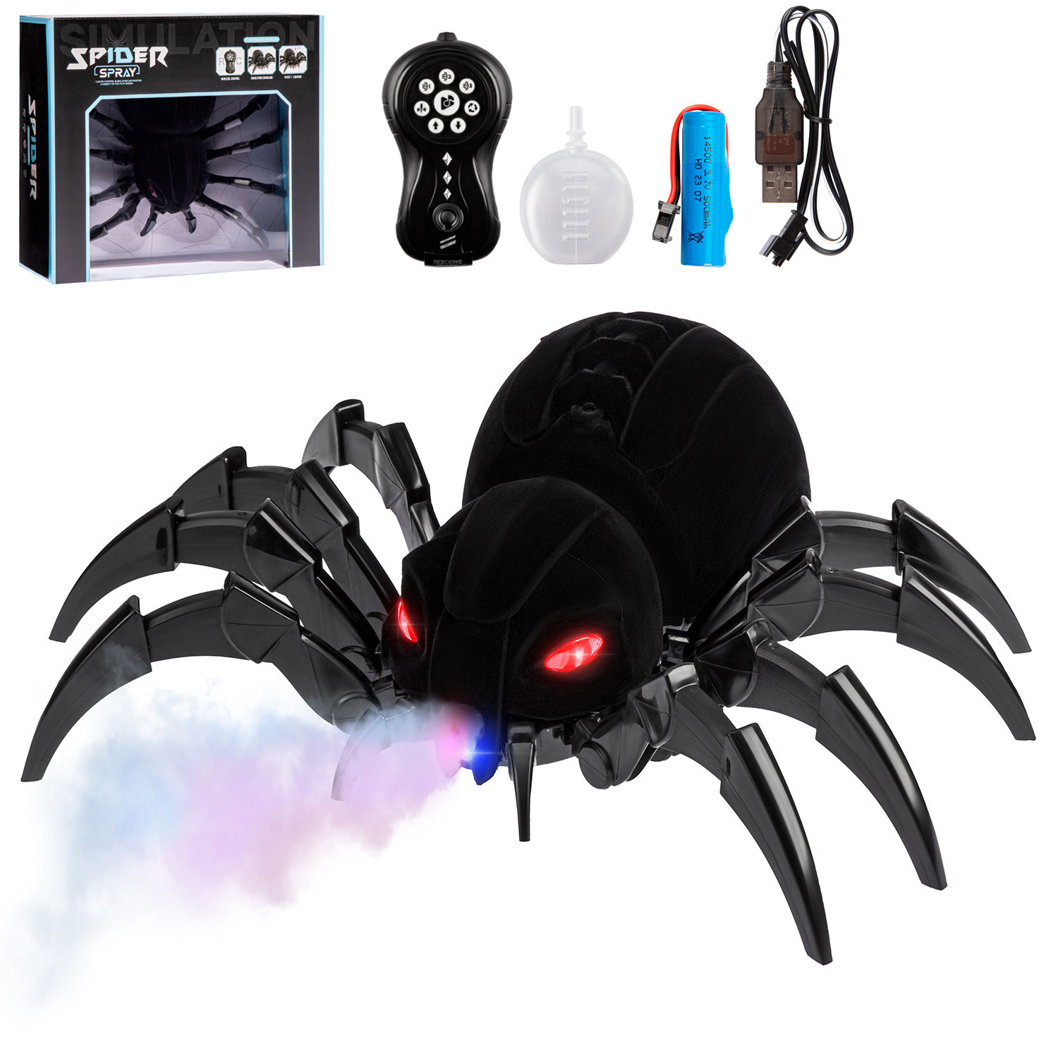 Гигантский паук РУ с паром 29см свет,звук с аккум. цвет черный, в/к 30,4*26,4*11,4см