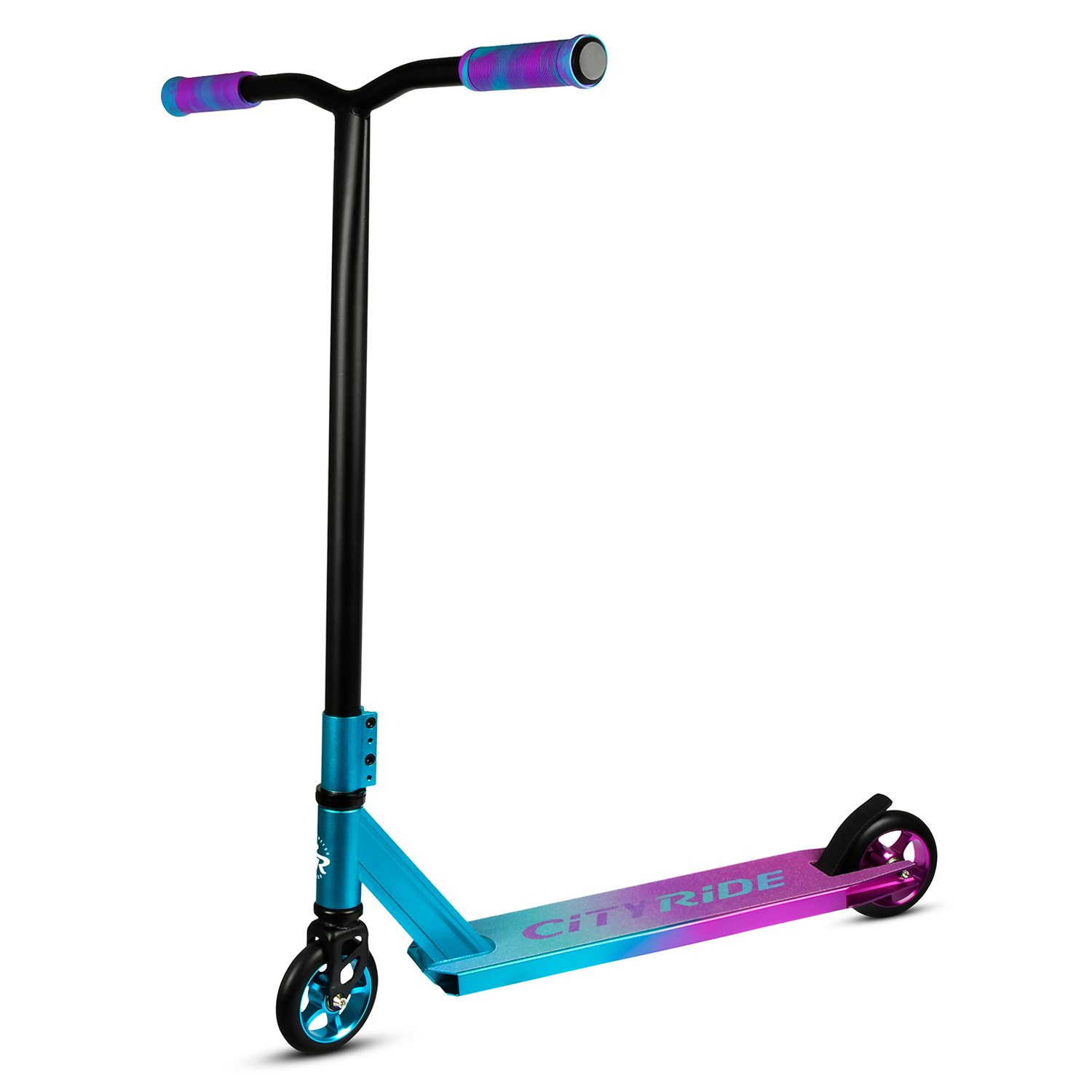 Самокат City-Ride трюковый T-bar сталь 53*60см, дека алюм.50*10см фиолетовый/голубой