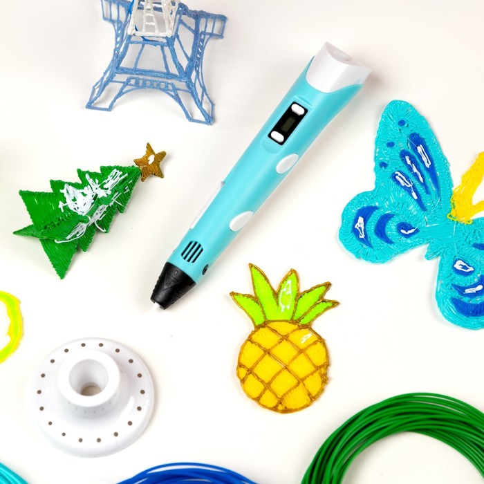 3D ручка Luazon дисплей, работа с пластиком ABS и PLA, пластик в комплекте, голубая