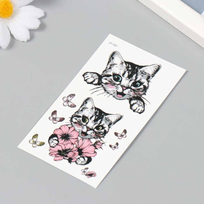 Татуировка на тело чёрная цветная Кошечки с цветами и бабочками 6х10,5 см