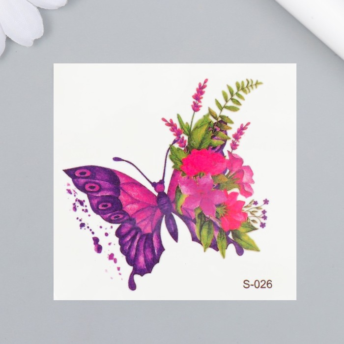 Татуировка на тело цветная Бабочка с цветочным крылом 6х6 см