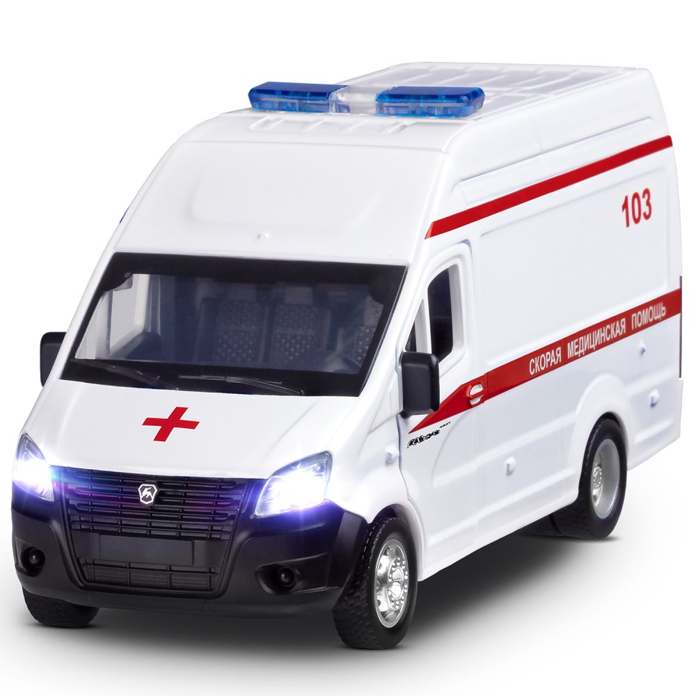 Машина метал. Автопанорама ГАЗель Next Скорая помощь свет,звук белый, откр. двери