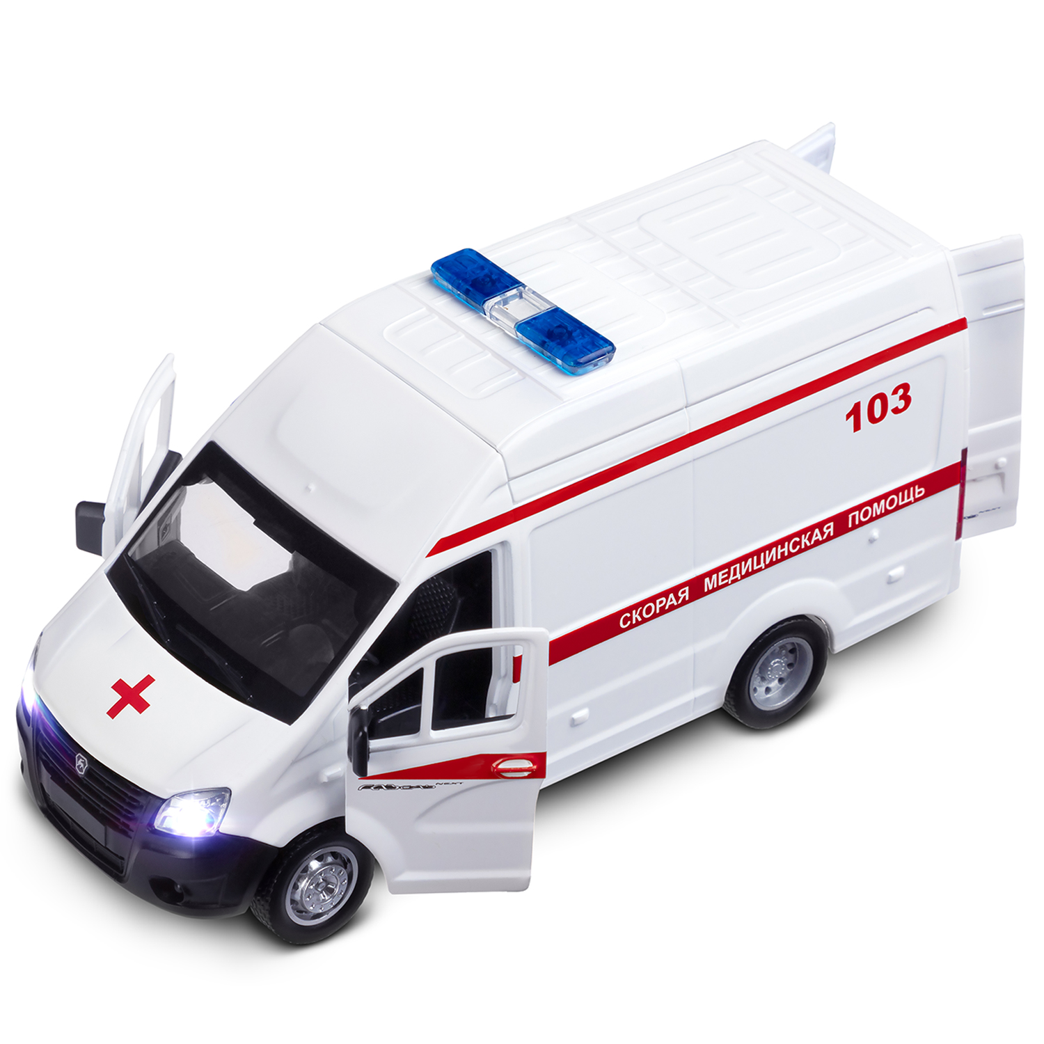 Машина метал. Автопанорама ГАЗель Next Скорая помощь свет,звук белый, откр. двери