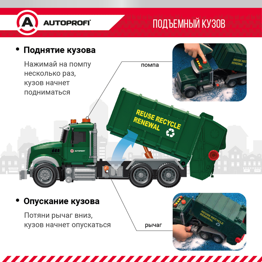 Машина мусоровоз инерц. городской транспорт с подвижными деталями свет, звук, 35см