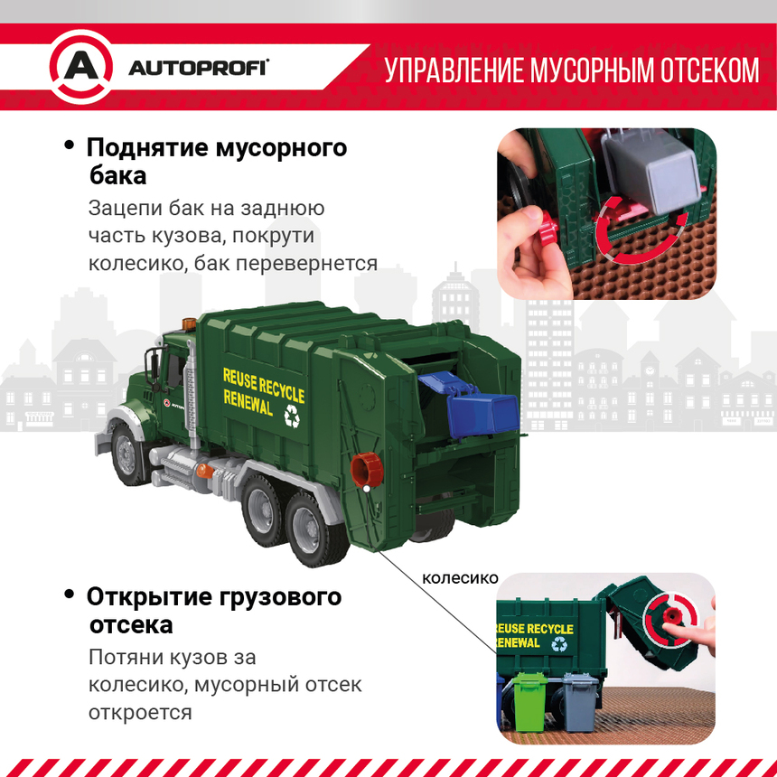 Машина мусоровоз инерц. городской транспорт с подвижными деталями свет, звук, 35см
