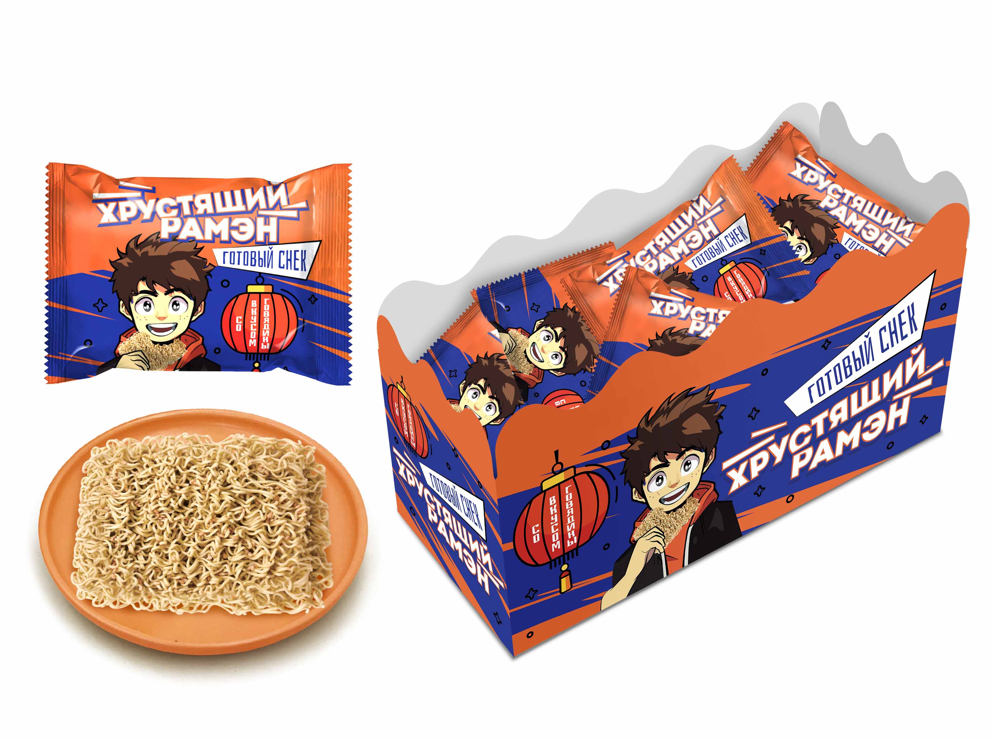 Хрустящий Рамэн готовый снек с говядиной, блок 15 шт. (20г х 15 х 20)