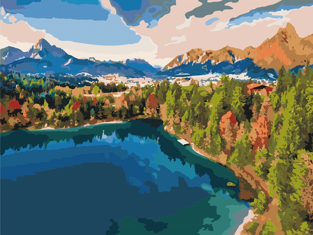 Холст с красками по номерам 40х50см 30цв. Синее озеро и горы осенью